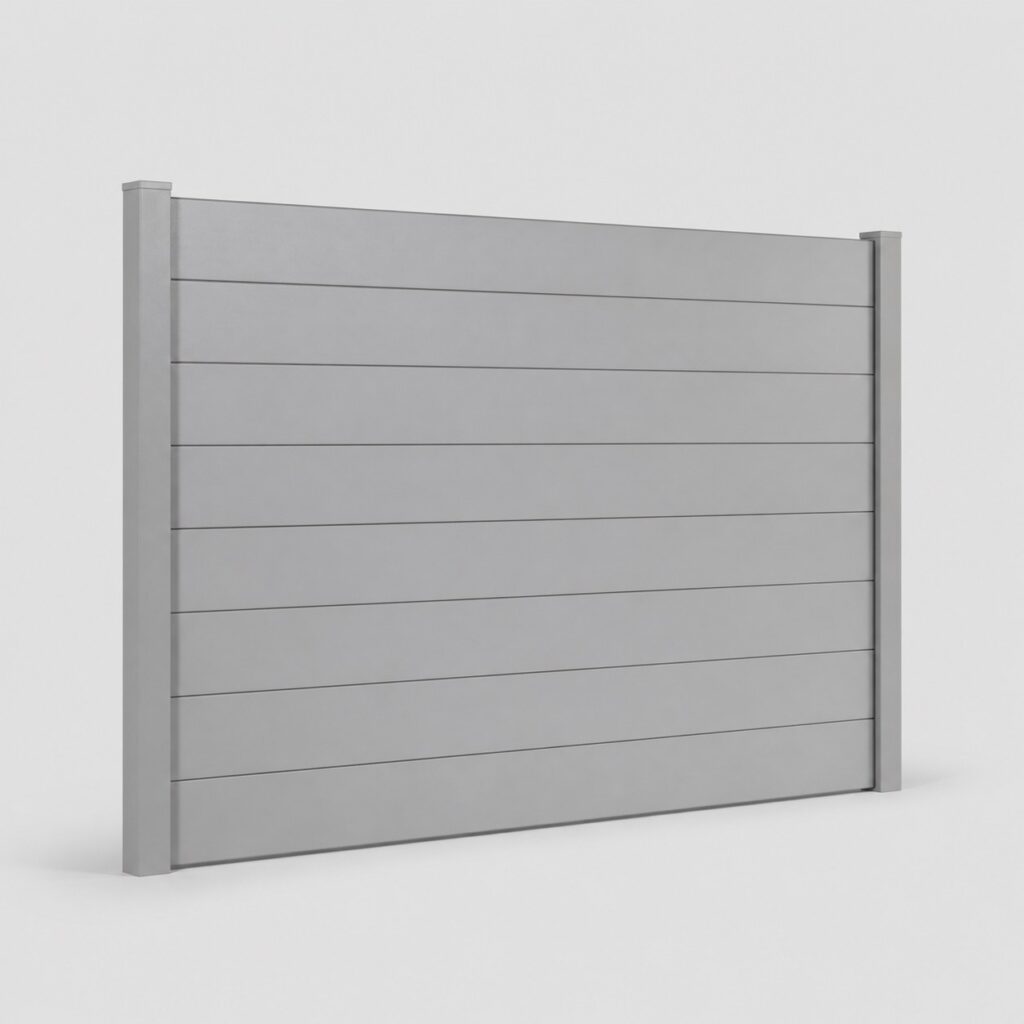 Brise-vue en lames PVC rigides gris clair sur fond neutre