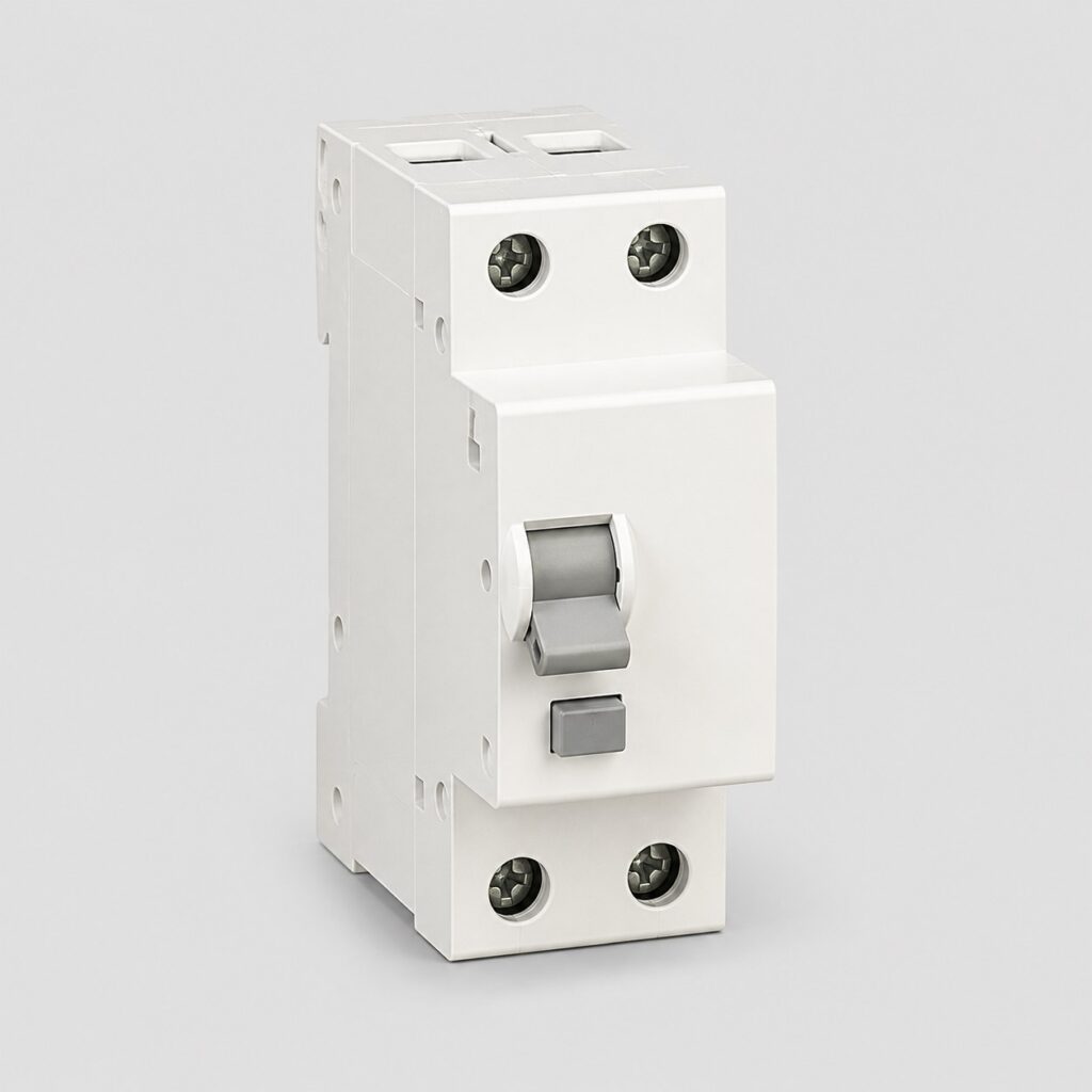 Disjoncteur différentiel modulaire blanc vu de trois quarts sur fond clair