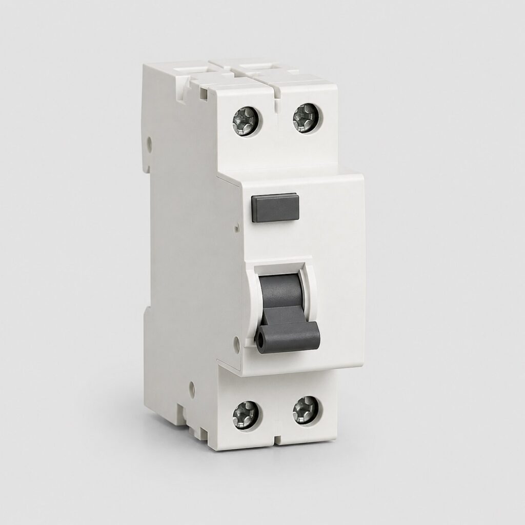 Disjoncteur différentiel monophasé compact vu de trois quarts sur fond clair