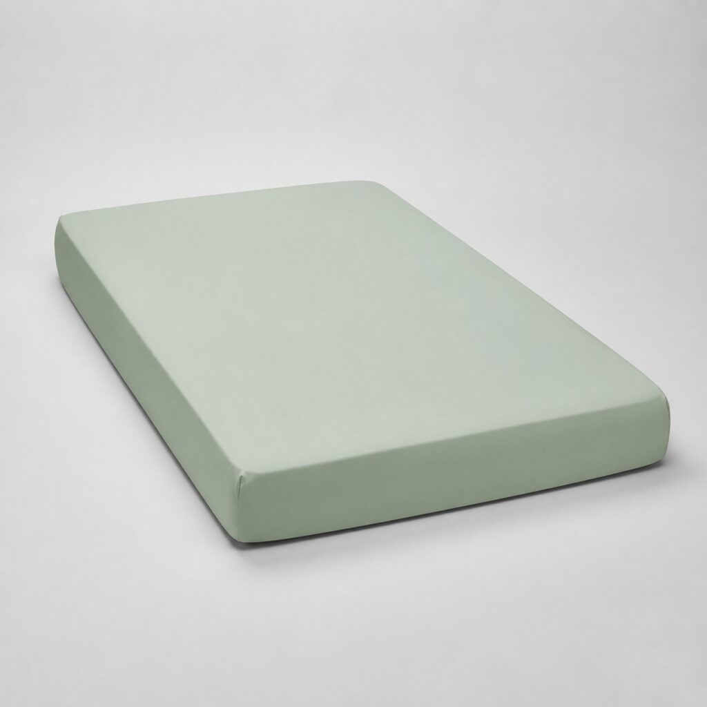 Drap-housse vert sauge tendu sur un matelas 120 x 200