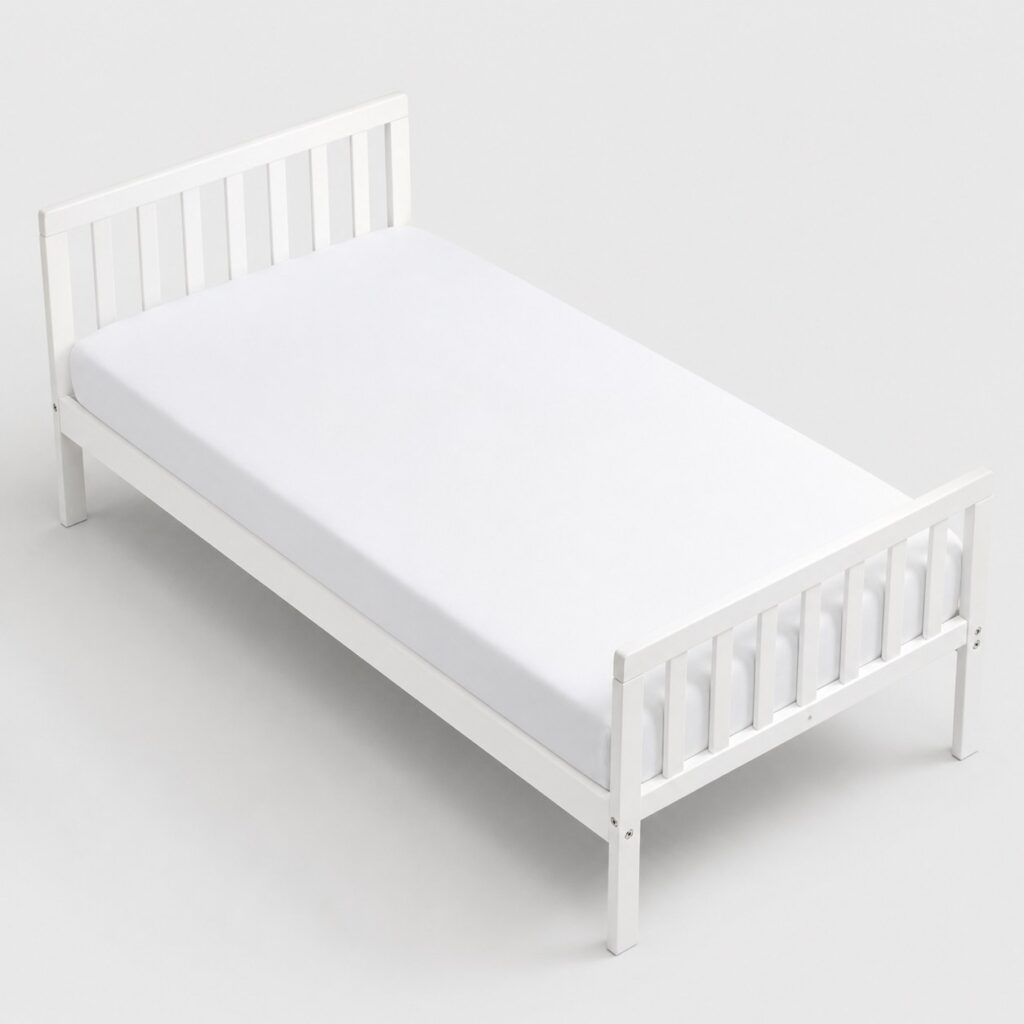 Drap-housse blanc tendu sur un matelas de lit à barreaux