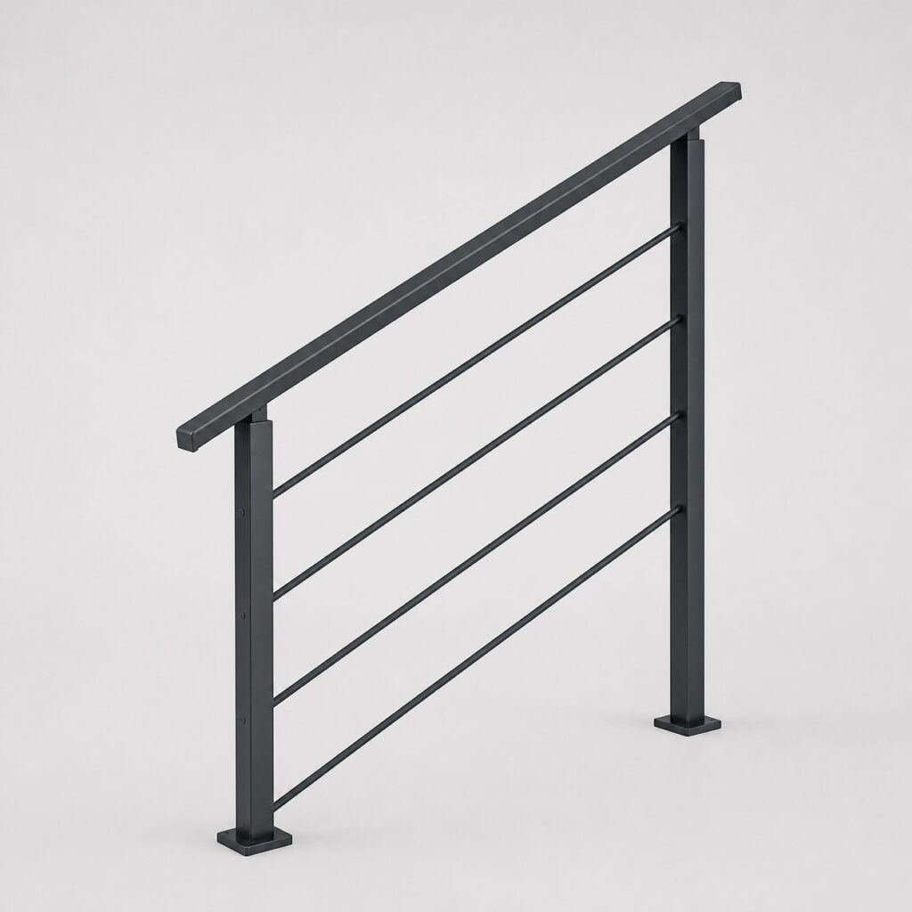 Garde-corps d'escalier incliné à main courante continue sur fond gris clair