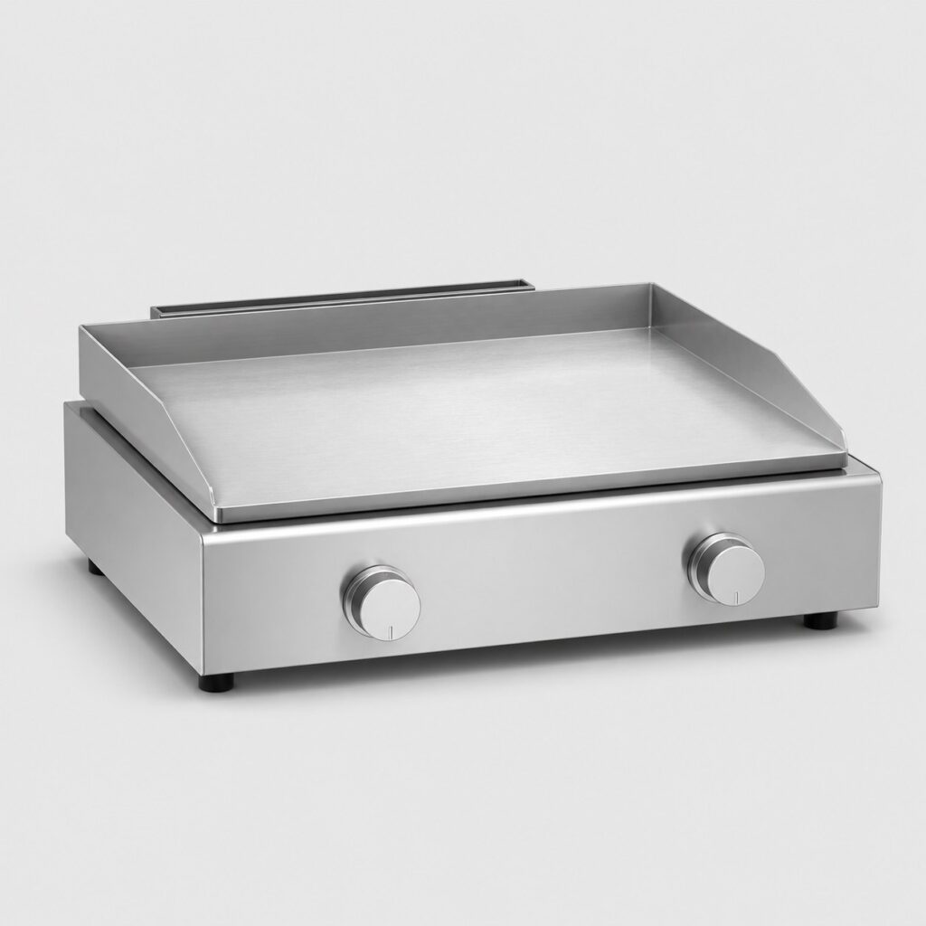 Plancha au gaz à plaque en acier inoxydable brossé sur fond gris clair