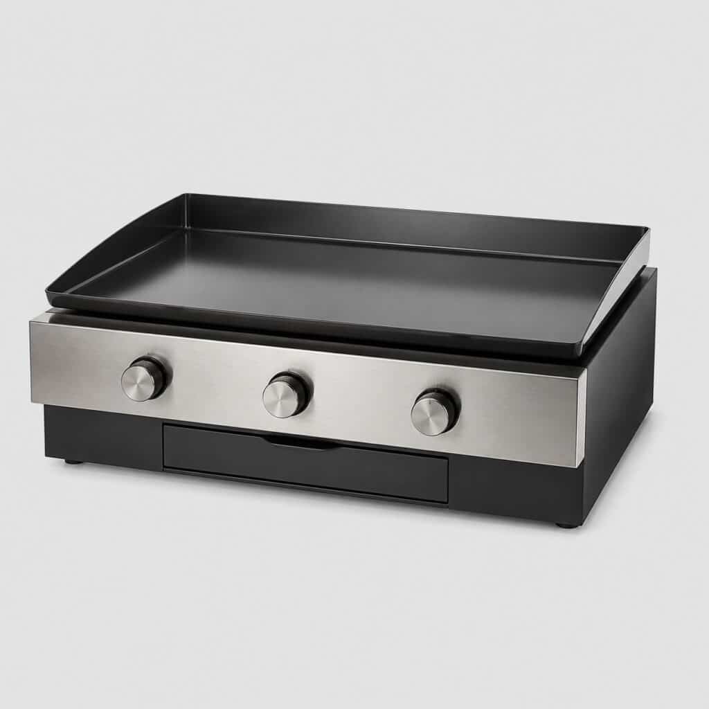 Plancha au gaz large à trois zones de chauffe sur fond gris clair