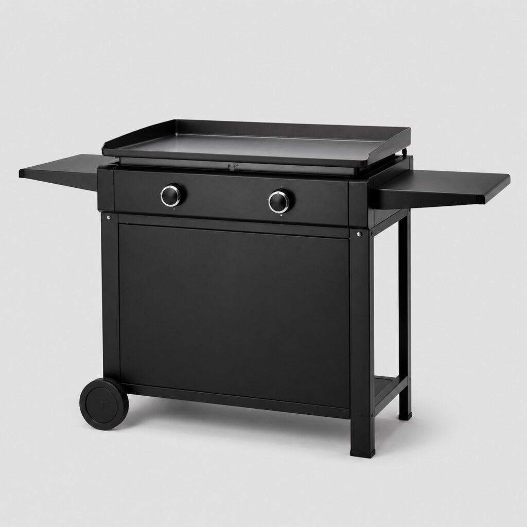 Plancha au gaz sur chariot roulant à tablettes sur fond gris clair