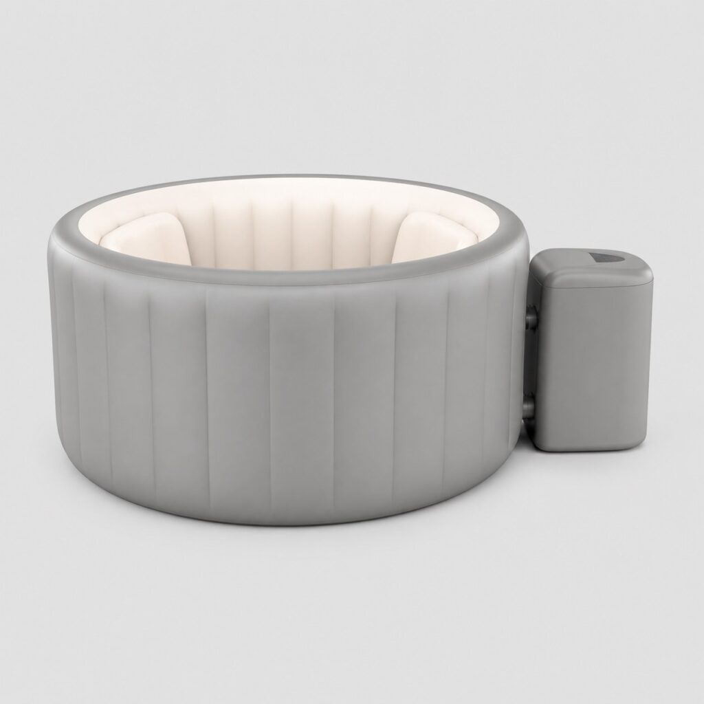 Spa gonflable deux places cylindrique gris clair sur fond neutre
