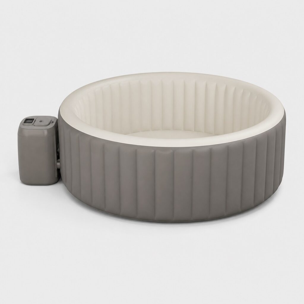 Spa gonflable rond gris taupe à assise circulaire sur fond clair