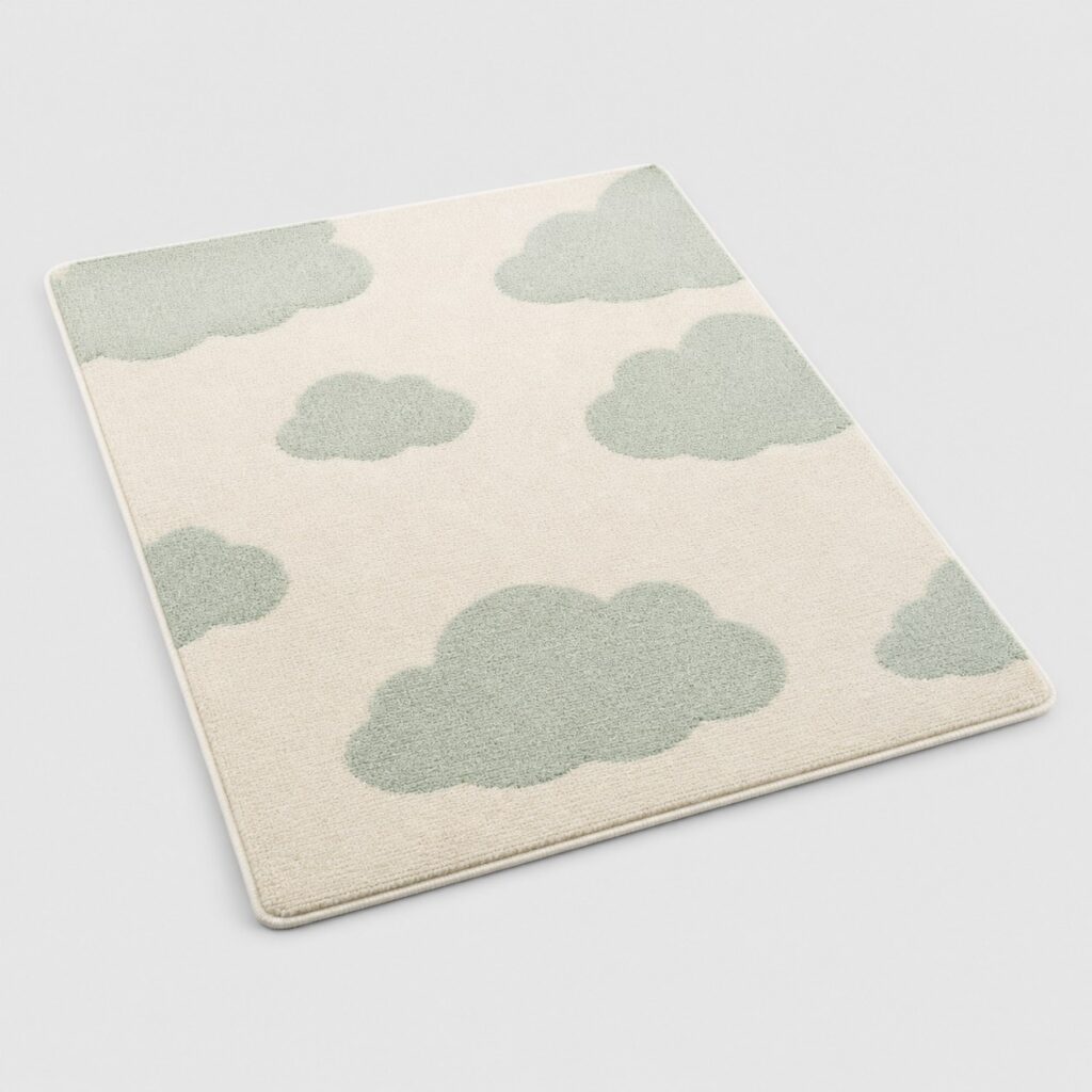 Tapis de chambre bébé en coton tissé écru et vert d'eau