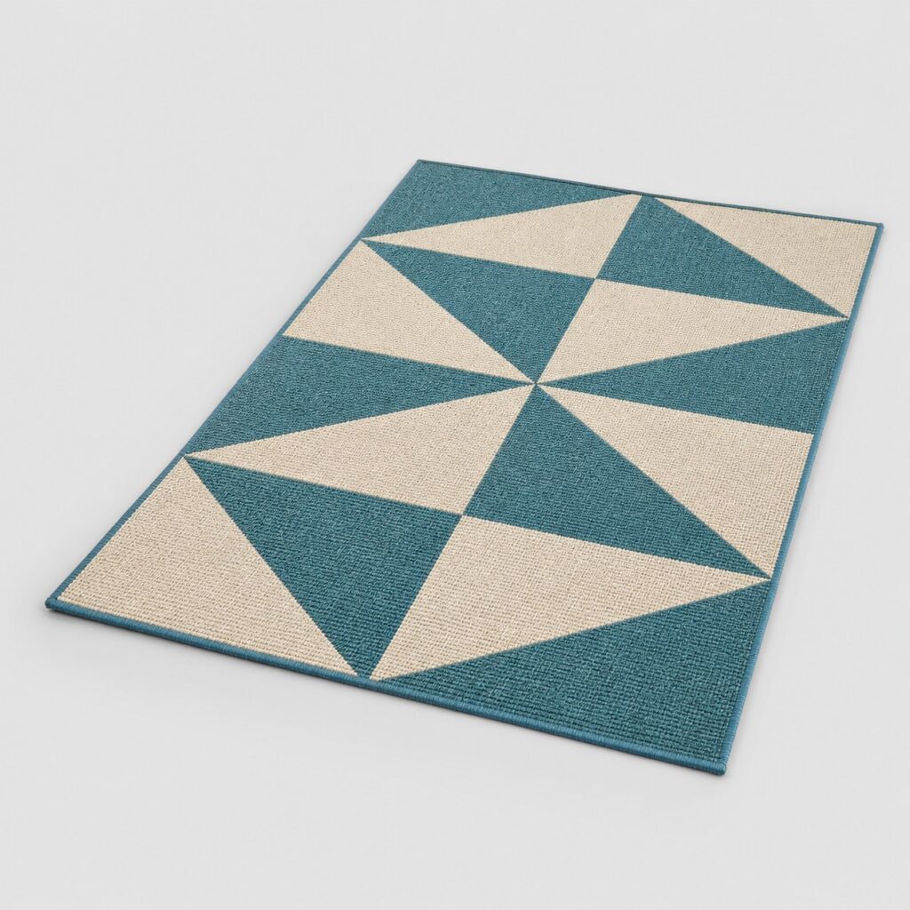 Tapis de chambre enfant à poils ras bleu et écru sur fond gris clair