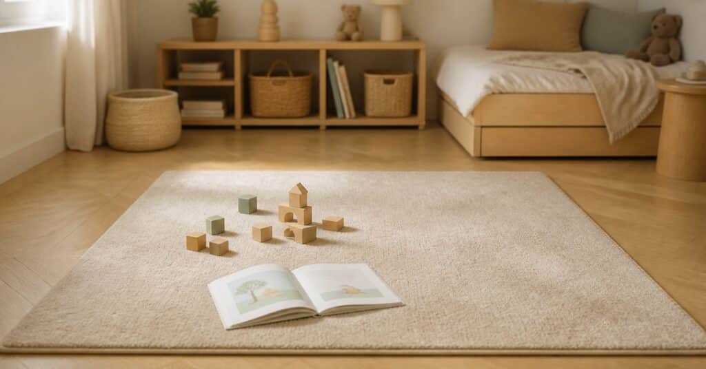 Dans une chambre d'enfant, un tapis se juge d'abord sur deux points : sa tenue au sol et sa capacité à être nettoyé. Ce