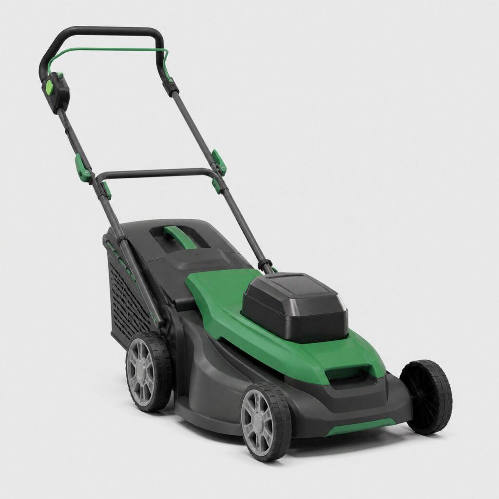 Tondeuse électrique à batterie gris anthracite et verte sur fond neutre