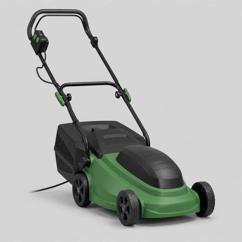 Tondeuse électrique filaire verte et noire sur fond gris clair