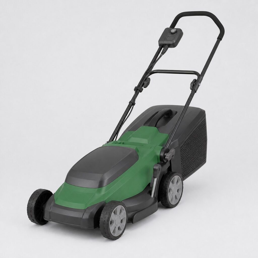 Tondeuse électrique verte et grise à réglage de hauteur sur fond neutre
