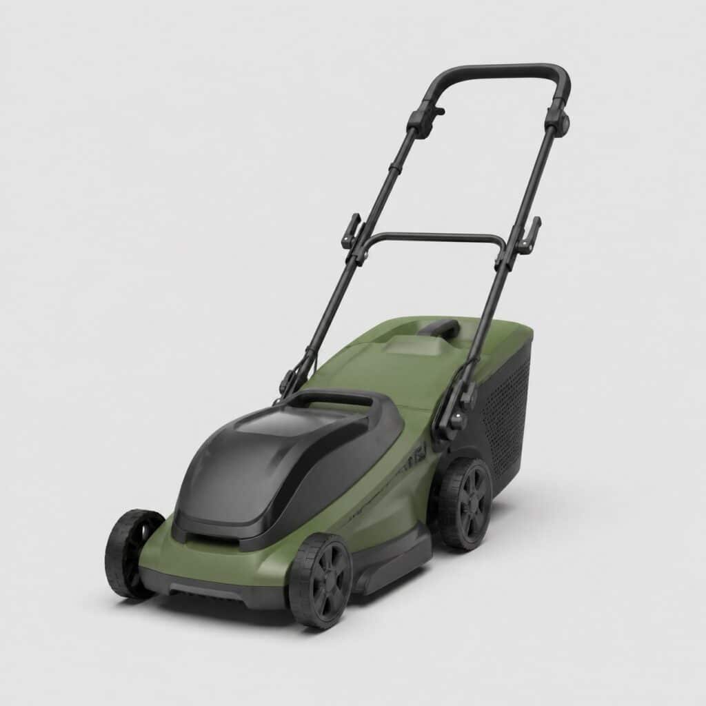 Tondeuse électrique sans fil au carter vert olive sur fond gris clair