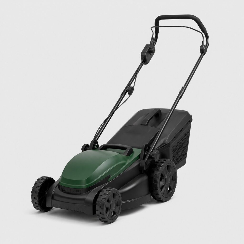 Tondeuse électrique tractée verte et noire à grandes roues arrière