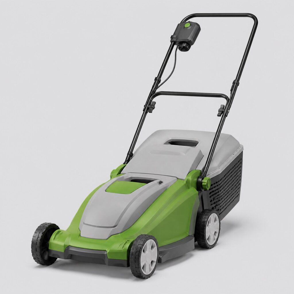 Tondeuse électrique d'entrée de gamme verte et gris clair sur fond neutre