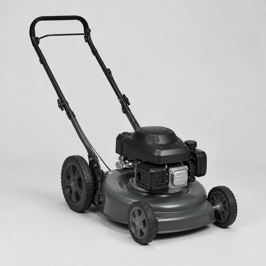 Tondeuse thermique quatre temps à carter gris anthracite sur fond clair