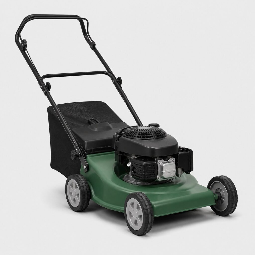 Tondeuse thermique compacte à carter vert sur fond gris clair