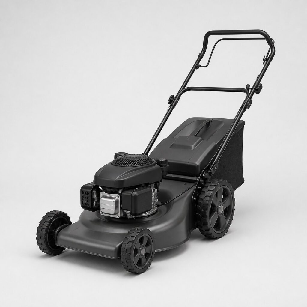 Tondeuse thermique auto-tractée à carter graphite sur fond gris clair