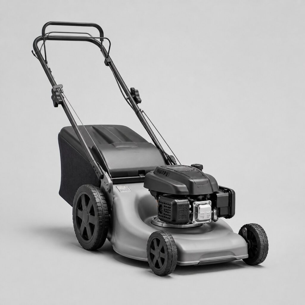 Tondeuse thermique tractée de grand format à carter gris clair sur fond neutre
