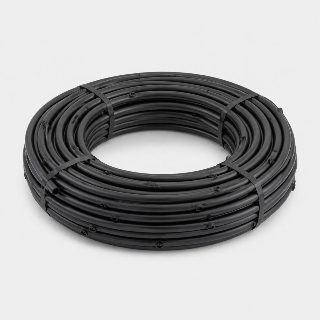 Ligne de micro-irrigation noire à goutteurs enroulée en couronne