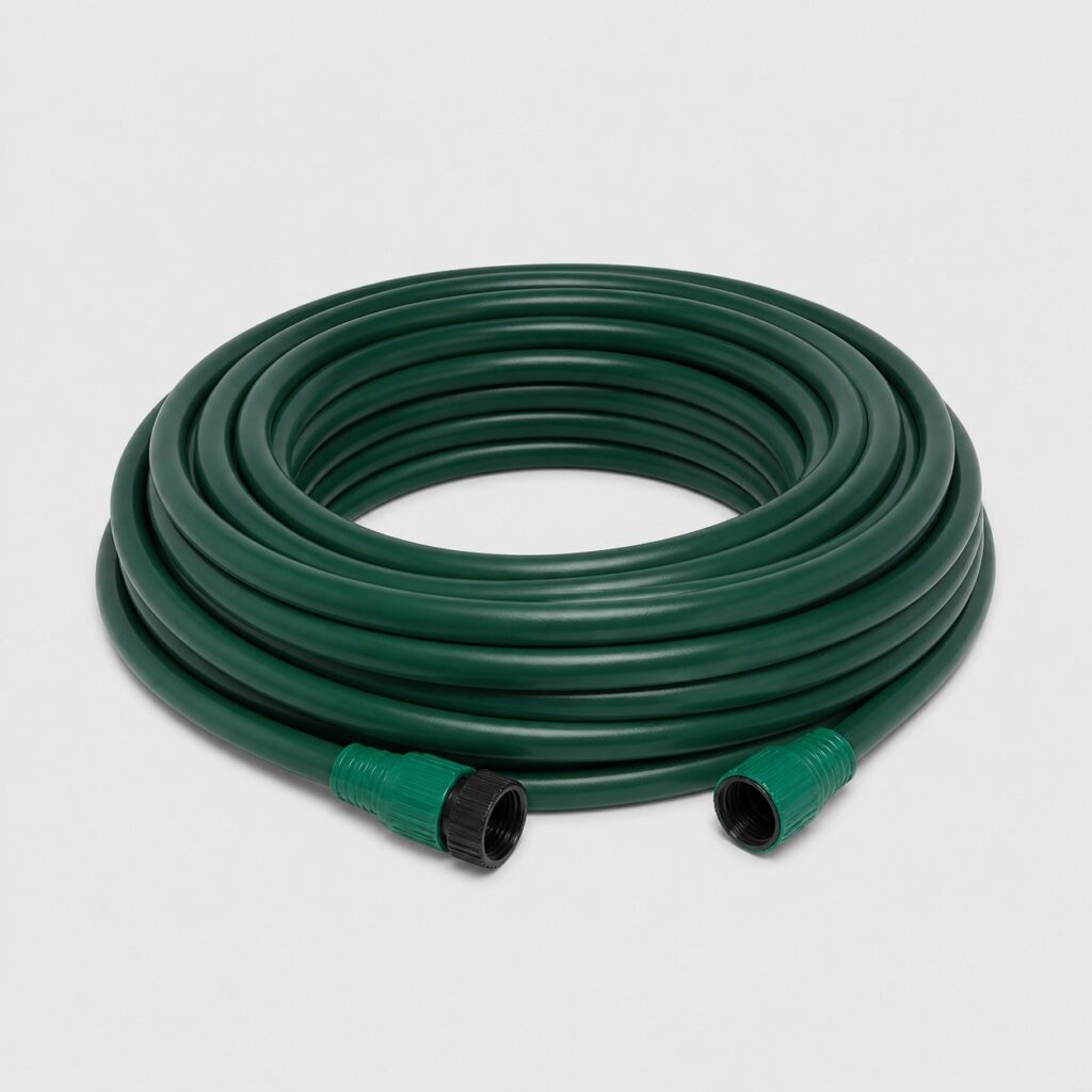 Grande longueur de tuyau d'arrosage vert enroulée en couronne