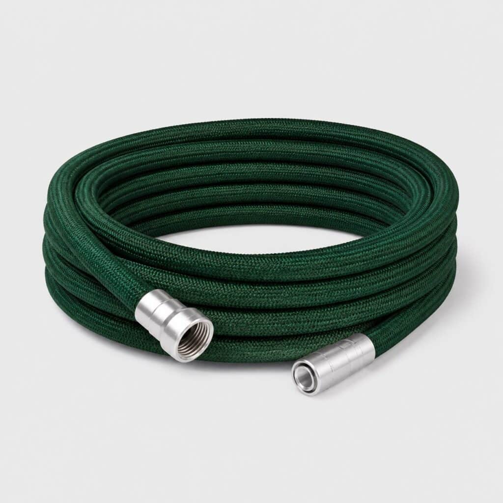 Tuyau d'arrosage extensible en gaine tressée verte sur fond gris clair