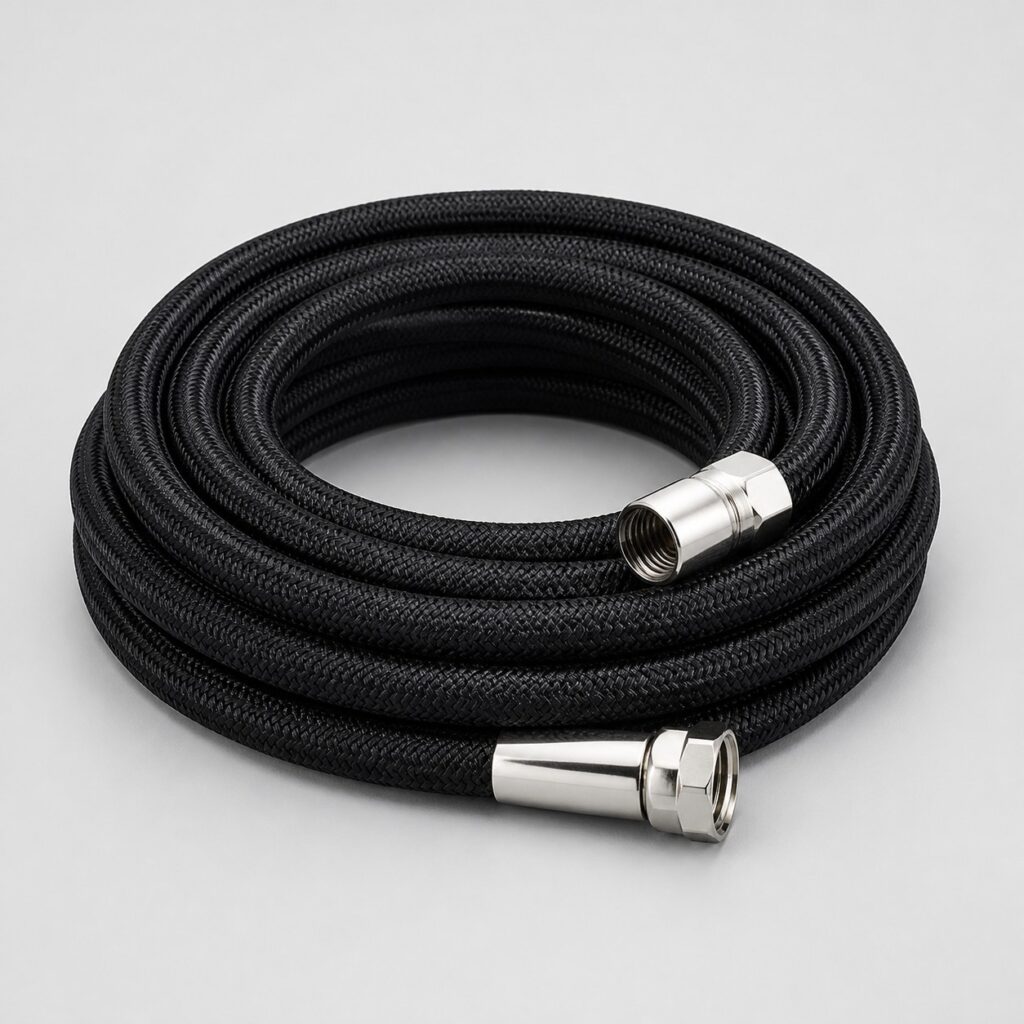 Tuyau extensible renforcé à gaine tressée noire et embouts métalliques